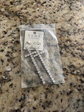 Long Rhinestone Cross Drop Earrings - Silver Clear